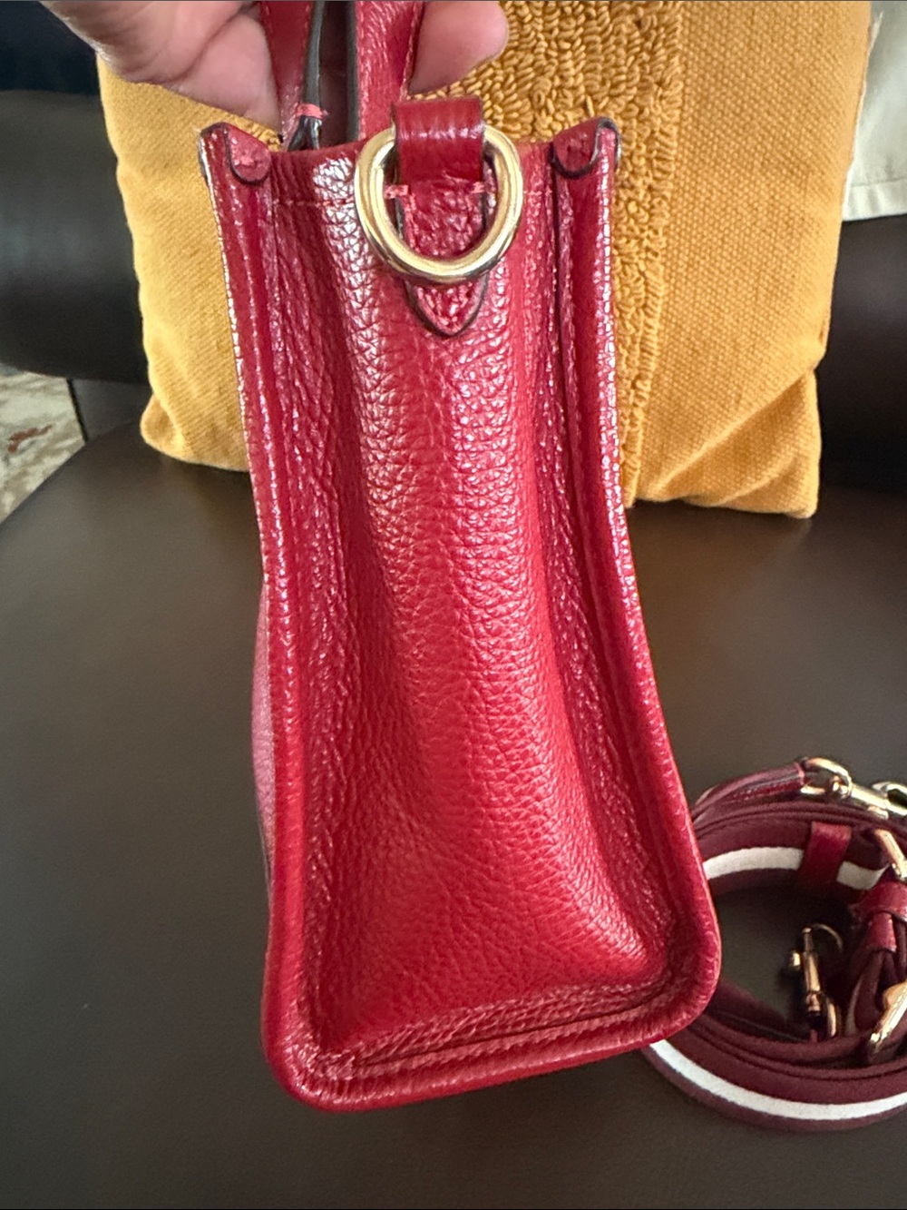 Coach Red Pebbled Leather Crossbody Tote with Striped Removable Strap - Picture 5 of 9